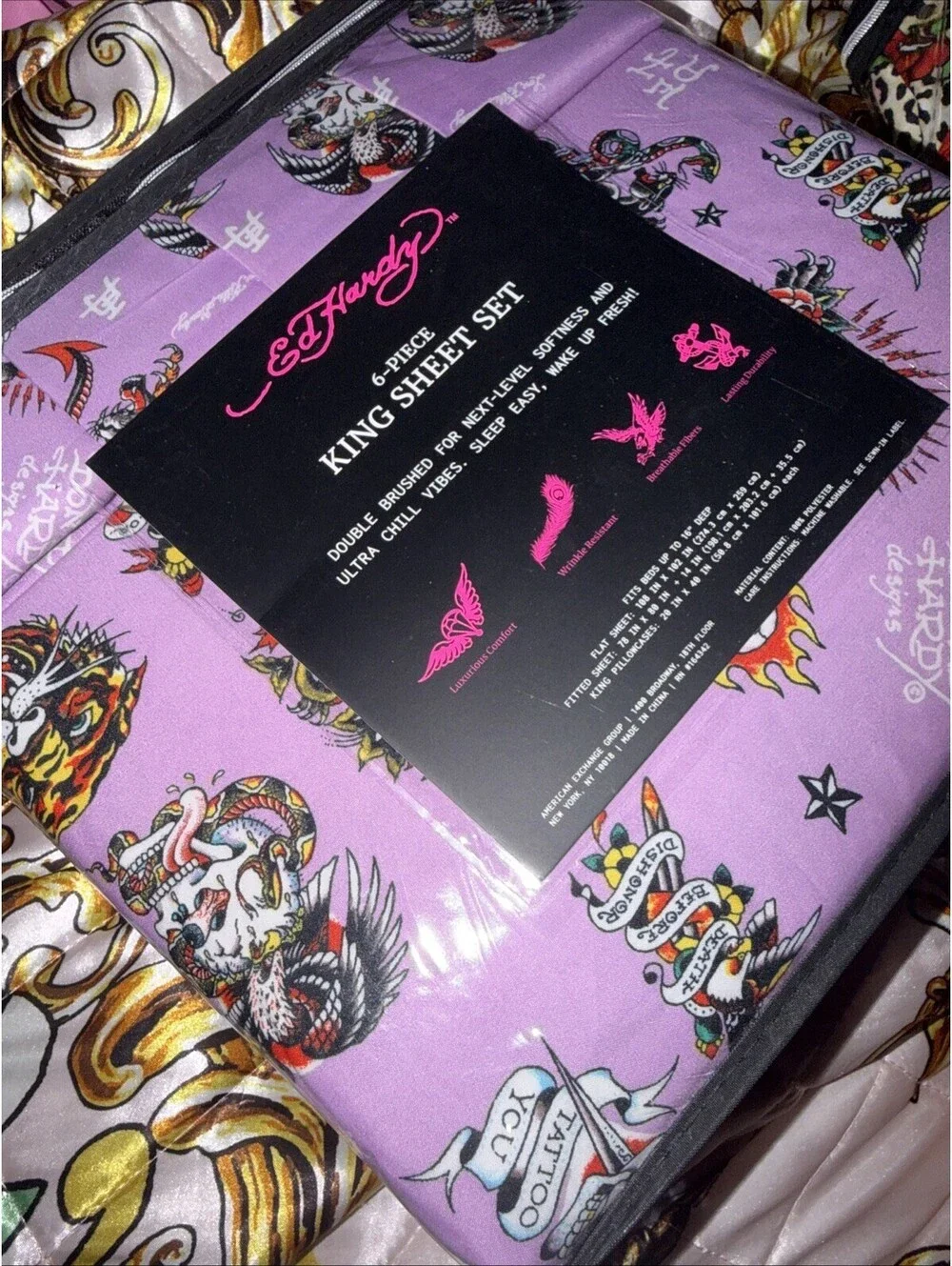 Ed Hardy King Sheet Set 6 Pc Purple Tattoo Collage Skull Bird Dragon Bedding New